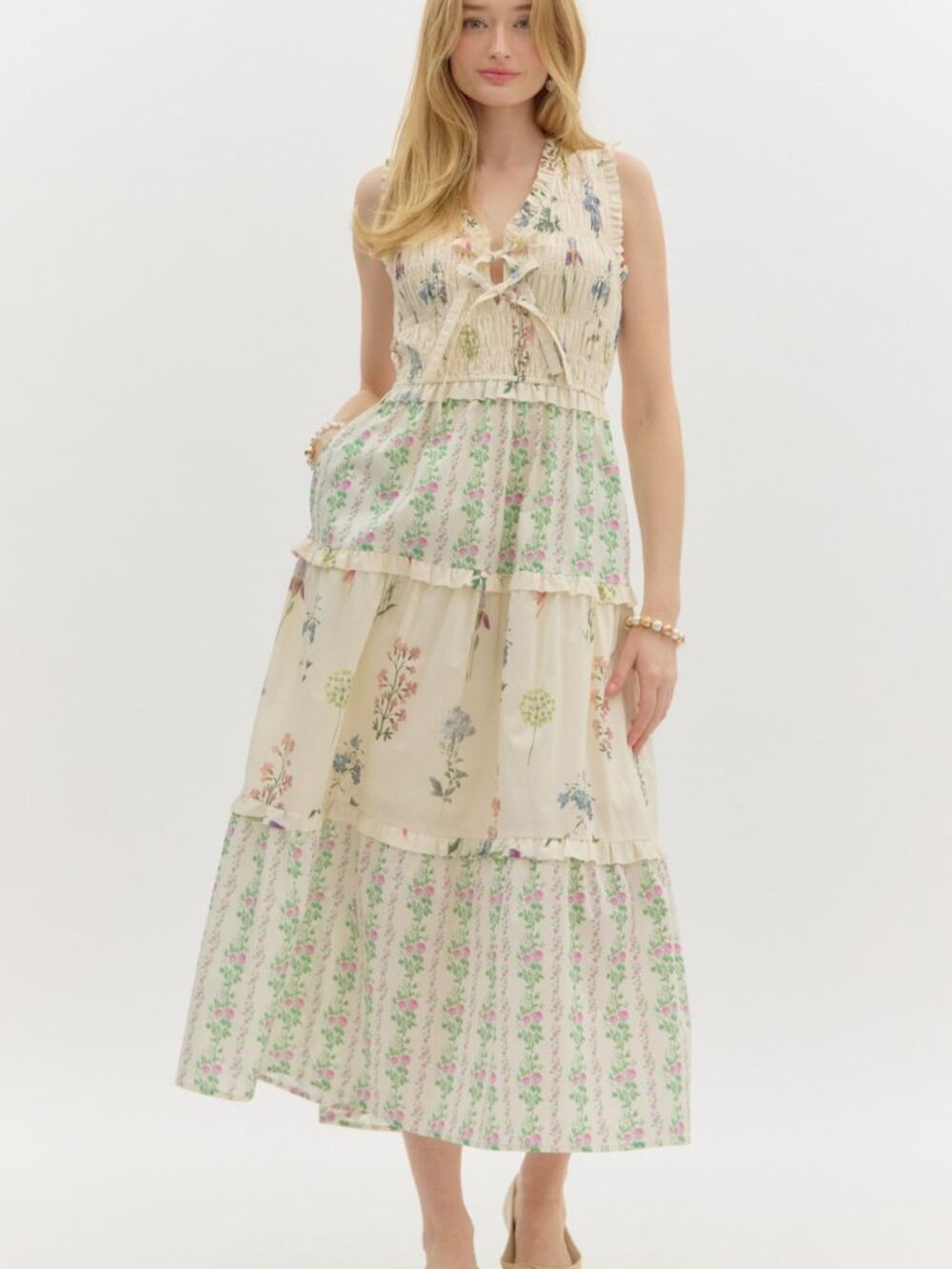 Multi Floral Print Maxi Dress with tie front and ruffle detail - Picture 3 of 6